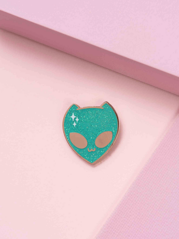 alien cat glitter enamel pin