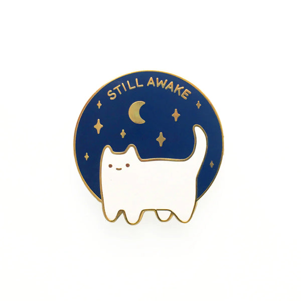 still awake cat enamel pin