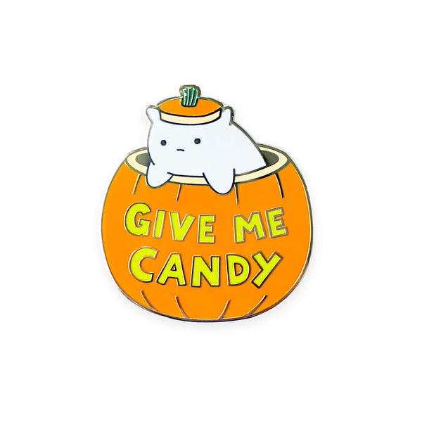 'give me candy' kitty pumpkin enamel pin