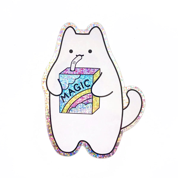 magic cat juice box holographic glitter sticker