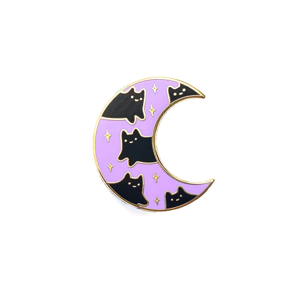 purple black cat crescent moon enamel pin