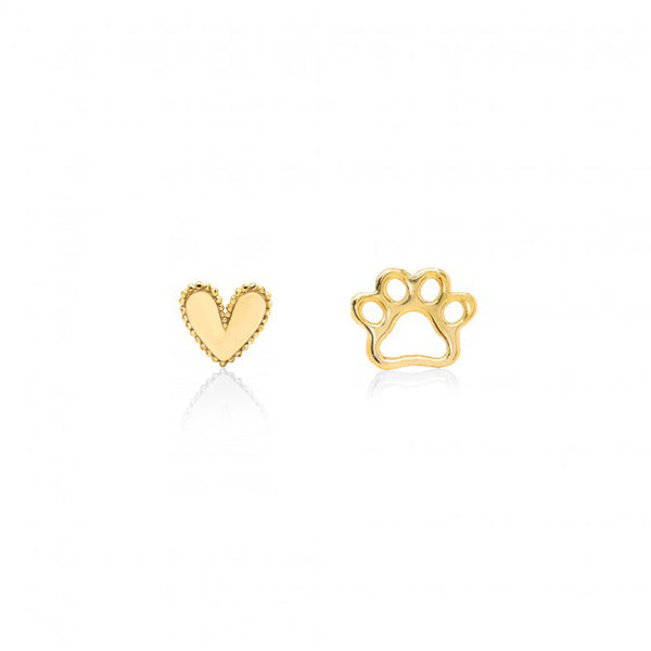 mismatched cat paw & heart stud earrings