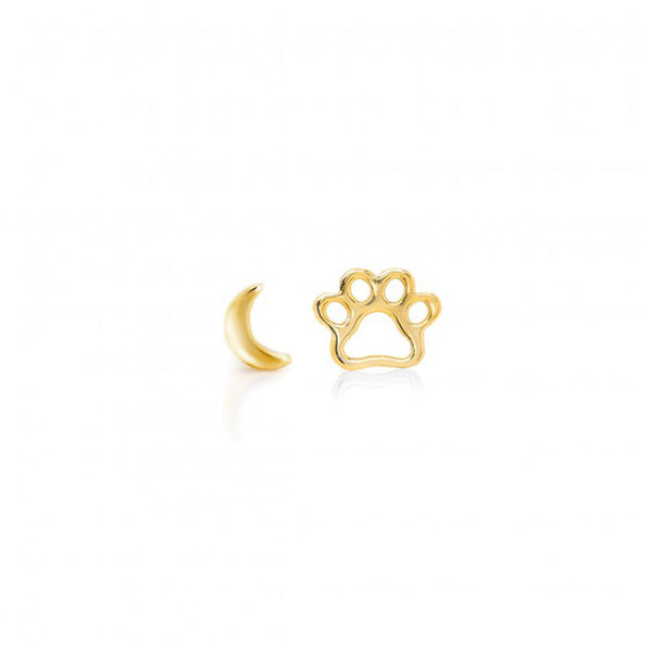 mismatched cat paw & moon stud earrings